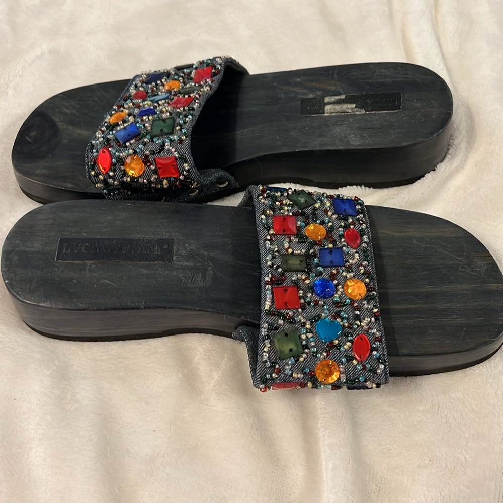 Luca Stefani designer jeweled beaded denim slides with wood sole bottom. Size 8
